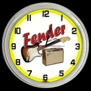 16" FENDER GUITAR AMP Sign v2 Yellow Neon Clock Man Cage Guitars Music Band