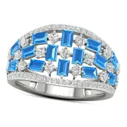 Baguette Swiss Blue and White Topaz and 0.20 CT. T.W. Natural Diamond Edge Quilt Ring in Solid 10K White Gold
