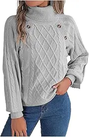 XUGYAO Women's Pullover Sweaters - Womens Fall Sweater Solid Button Cable Knit Turtleneck Lantern Sleeve Pullover Jumper Tops Casual Daily Wear Sweaters Grey
