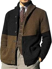 [SWJGLITTR] Mens Color Block Button Pockets Cardigan Shawl Collar Winter Cardigans Sweaters Fall Winter Sweater Open Front Jacket