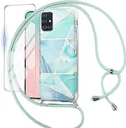 Mobile Phone Chain Mobile Phone Case Compatible with Samsung Galaxy A51 Marble Glitter Necklace Case and Tempered Glass Protective Film Cord Necklace Case with Strap Silicone TPU Protective Case