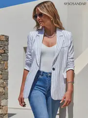 Sosandar Cream Pinstripe Linen Blend Relaxed Fit Blazer (B64985) | $196