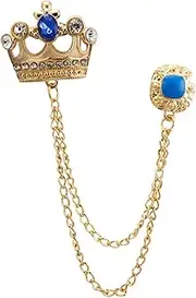 [A N KINGPiiN] AN KINGPiiN Lapel Pin Collar Pin for Men Golden Crown with Blue Stone and Hanging Chain Brooch Suit Stud, Shirt Studs Men's Accessories