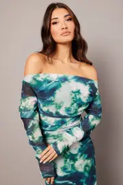 Green Abstract Mesh Top Long Sleeve - Size XS, Women's Top