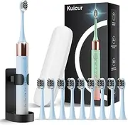 Sonic Electric Toothbrush for Adults and Kids, Comes with 10 Brush Heads & Travel Case,5 Modes with 2 Minutes Built in Smart Timer, One Charge for 90 Days, 42,000 VPM Motor (Blue and White)