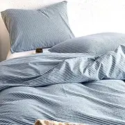 Wake In Cloud - Striped Quilt Cover Set, 100% Washed Cotton Doona Duvet Cover, Ticking Stripes Pinstripe Pattern Bedding, 3 Pieces, Denim Blue, Queen Size