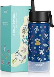 Mollcity 16 oz/470M Insulated Water Bottle for School-Stainless Steel Double Wall Vacuum Water Bottle with Straw Lid for Boys-Astronaut