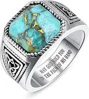[BONLAVIEGEM] 7ct Vintage Teal Turquoise|Emerald|Black Onyx Ring for Men 925 Sterling Silver Men Rings 11mm Square-Cut Mens Cocktail Rings Celtic Pattern Band for Dad Father Size 7-12