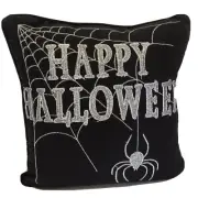 Happy Halloween Embroidered Feather Filled Throw Pillow Spider Web Holiday NEW