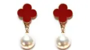 Womens Stud Earrings With Pearl, Color: Red