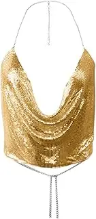 [Generic] Basics Print Chain Sexy Clothes Beading Adjustable Sleeveless Backless Halter Crop Top Club Vintage Tank Tops Slide for Girls