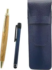 SASL-ALL-HS47S Grain Leather Pen Case Blue Metal Touch Stick Blue and Maple Wooden Axis Retro Ballpoint Pen Set