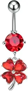 [Niaspi] 14G CZ Four Leaf Clover Dangle Belly Button Rings 316L Surgical Steel Belly Piercing Jewelry Red Green Crystal Shamrock Belly Navel Barbell Ring Body Piercing Jewelry for ST Patrick’s Day
