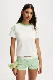 [Body] Body - Peached Jersey Contrast Baby Tee - Coconut milk/green stripe M COCONUT MILK/GREEN STRIPE