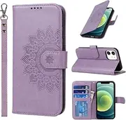 for iPhone 12 Mini Case Wallet with Cards Holder,Coque for iPhone 12Mini Flower Strap Case,Leather Case Women Cover Bag portefeuille Pour Femmes for iPhone12 Mini Purple
