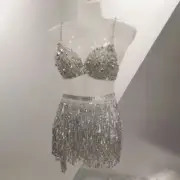 Sequin Tassel Belly Dance Suit Costume Pole Dancewear 2Pcs Crop Top and Skirt