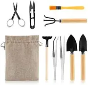 LIHAO 9 Piece Basic Bonsai Tools Set, Includes Pruning Shears, Mini Rake, Fold Scissors, More for Bonsai Plants, Plastic, Metallic Silver, Plastic, Rubber Handle