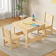 Solid Wood Toddler Table and Chair Set, 60x60cm, Kids Wooden Table and 2 Chairs Set, 3 in 1 Children Activity Table Desk Sets with Storage Drawer for Toddler Reading, Drawing, Playrooms (Natural)
