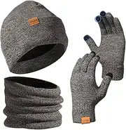 [LOKZEER] Winter Beanie Gloves Scarf Set: Men Women Warm Hat Scarves with Thermal Wool Lining. Knit Beanies Neck Warmer and Touchscreen Gloves 3 in 1 (One Size)