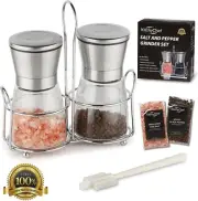 Salt Pepper Grinders 6 oz Glass Shakers Set w/Stand,Brush,Pepper,Himalayan Salt