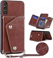 [Asuwish] Phone Case for Sony Xperia 1 V 2023 Wallet Cover with Tempered Glass Screen Protector Credit Card Holder Crossbody Strap Stand Leather Cell Accessories 1V 5G Women Men Girls Shoulder Brown