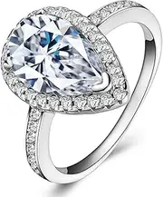 [Lemon Grass] 3 Ct Pear Shaped Cubic Zirconia Solitaire Engagement Ring Pave Thin Band in Sterling Silver Size 5 6 7 8 9