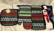 Christmas Potholder Oven Mitt Set & Kitchen Towels Lot Geometric Blue Green Red