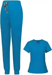 [ａ aternee] Nursing Scrubs Uniform Scrubs Set Workwear Drawstring Pant Work Clothes Jogger Suit for Beauty Center Pet Shop Massaging SPA Operating Room