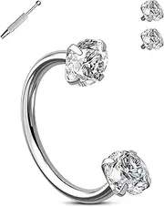 [OUFER] Horseshoe Nose Rings Studs, 20G Internally Threaded Nose Rings For Women, 316L Surgical Steel Double Cubic Zirconia Nose Studs, Lip Eyebrow Helix Ear Piercing Jewelry