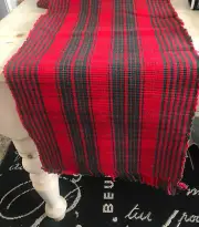Vtg New Red PLAID 70" TABLE RUNNER 13X70" Xmas Tablecloth RIBBED Fringed Farm