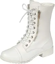 [Forever Link] Womens Round Toe Military Lace up Knit Ankle Cuff Low Heel Combat Boots