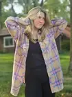 NEW Womens Large (Vine And Love) Oversized Beige Pink And Blue Plaid Shacket