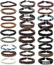 [FIRAZIO] 27Pcs Braided Leather Bracelets for Men Women Wrap Wood Beads Cuff Bracelet Hemp Cords Ethnic Tribal Handmade Wrap Wristband Bracelets Set Adjustable