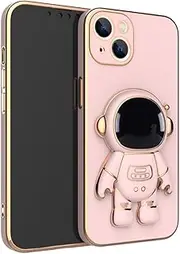 3D Astronaut Folding Stand Soft Phone Case for iPhone 14 13 12 11 Pro Max XR XS 7 8 Plus SE 2022 Plating Shockproof Case Cover,Pink,for iPhone 14Pro Max