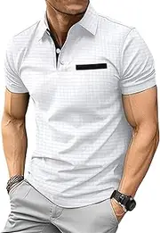 [VgueElegc] Men's Trendy Lapel Buttons Shirt Cotton Muscle T-Shirt with Button Relaxed Short Sleeve T-Shirts for Men, White, X-Large