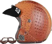 Leather Open Face Helmet Classic Vintage 3/4 Motorcycle Helmet Motorcycle Helmet with Clear Goggles for Adults Men Women Motorcycle Scooters DOT/ECE Approved