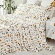 [Helthep] Floral Sheet Set Queen, 100% Cotton Yellow Flower Printed Bed Sheets Patterned Sheets Queen with 17.5" Deep Pocket, 4Pcs White Botanical Vintage Floral Sheet for Queen Size Bed