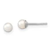 Sterling Silver Rhodium Plated 3-4mm White Round Freshwater Cultured Pearl Post Stud Earrings
