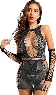 [TiaoBug] Womens Fishnet Lingerie Bodysuit Round Neck Mini Dress Strapless Mesh Chemise Babydoll