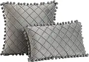 Hyper Cover Velvet Cushion Cover Pom Pom Diamond Pleated Checked Design (30x50 cm, Grey) - Perfect Home Décor Product, Boho Room Decor - Ideal for Couch Cushion Covers and Throw Pillow Covers