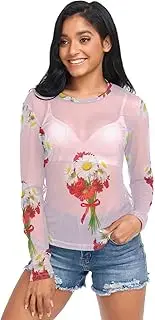 [RPLIFE] Bouquets Daisies Red Flowers Pink Long Sleeve Mesh Top, Sheer Top S-XXL