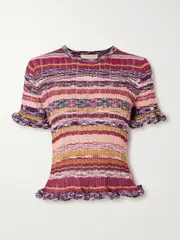 [Ulla Johnson] Ulla Johnson - Miya Ruffled Striped Ribbed-knit Sweater - Red - small small Red