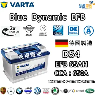 德國VARTA華達 D54 EFB 65AH LBN3汽車電瓶 怠速熄火車 Start-Stop 德國製造電池