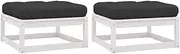 Garden Footstools with Cushions, White Pinewood Outdoor Bench for Patio, Deck, Porch, Waterproof Furniture Set of