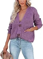 [MABEK] Reliable Women's Cable Knit Long Sleeve Open Front Cardigan Sheep V-Neck Button Down Wool Blend Sweater Coat Outwear (Color : Purple, Size : L)