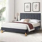 LEVEDE Queen Bed Frame Platform, Wooden Bed Base with Tufted Headboard, Velvet Upholstered Mattress Support, Modern Classic Bedroom Furniture, Easy to Assemble (Grey)