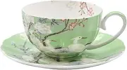 Cup and Saucer Sets,Fine Bone China Coffee Cup with Saucer,Colored Flowers,White Crane Porcelain Tea Cup and Saucer (Color : Green, Size : 250 ml)