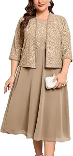 [ZOMVA] Plus Size Sparkly Mother of The Bride Dresses with Jacket 2 Piece Chiffon A-Line Maxi Dress Wedding Guest Formal