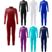 Girls Gym Leotard Rhinestone Figure Ice Skating Competition Unitard Jumpsuit