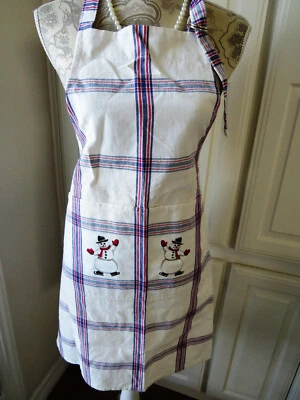 Vintage Christmas Bib Apron Snowmen - Blue Red Stripes - Waitress Baking NOS
